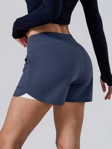 NcmRyu Women's 1pc Drawstring Side Pocket Curved Hem Split Leg Shorts With Lining - Navy Blue - View 3