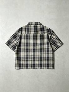 男士宽松短袖格子衬衫（带纽扣） - 藍色 - 查看 5