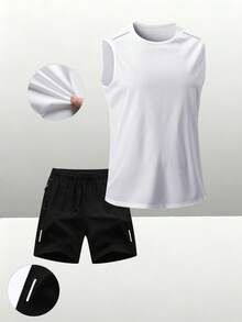 Men's Summer Casual Home Set, Light Gray Solid Color Reflective Strip Night Running Crew Neck Sleeveless Tank Top With Zipper Pocket Shorts 2-Piece Set, Fitness Casual Sports Outfit - White - View 4