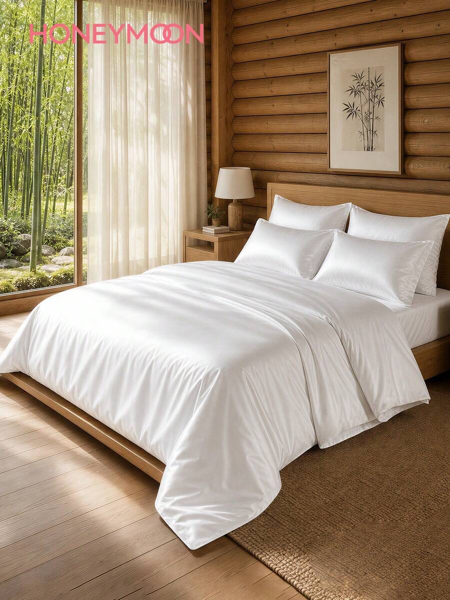 HONEYMOON 100% 竹纖維黏膠被套組,涼感床上用品,適合怕熱睡眠者,PureWoven 奢華絲滑柔軟,畢業/返校禮物,大學宿舍/公寓必需品,適用於房間居家臥室裝飾、宿舍裝飾,白色 - 白色 - 查看 1