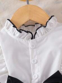Baby Girl Spring/Autumn Black & White Sweet & Spicy Style Ruffle Collar Flounce Hem Shirt-Style Top With Color Block Faux Leather Big Bow A-Line Skirt Long Sleeve Dress - Black - View 4