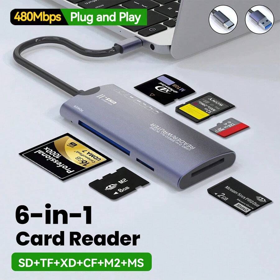 KZ 6-In-1 USB 2.0 Multi-Function Card Reader SD/TF/XD/CF/M2 Memory Card Adapter For Camera And Computer, High-Speed Data Transfer