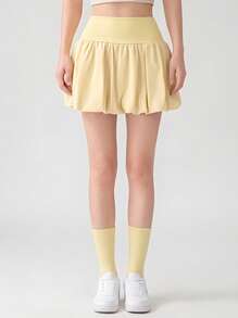Never me Women's Athletic Skort, Fitness Golf Tennis Skirt With Pockets, Comfortable Elastic Fabric, Built-In Liners - Yellow - View 5