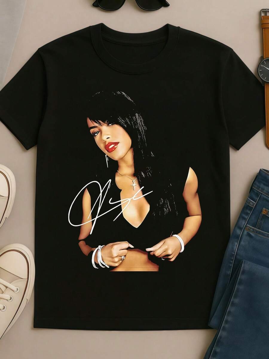 Signature Retro Portrait 90s R&B Icon Bootleg Unisex Cotton Tee - Black - View 1