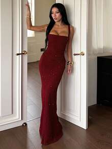 Chic Sleeveless Knitted Cami Dress For Women Burgundy Elegant Bodycon Long Gown With Split And Mermaid Hem, Perfect Party & Formal Attire Summer Dress - Burgundy - View 7