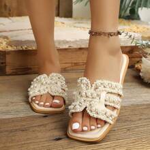Women's Lace Trim Square Toe Open Toe Flat Slides, Elegant Fashion Casual Beach Sandals - Beige - View 2