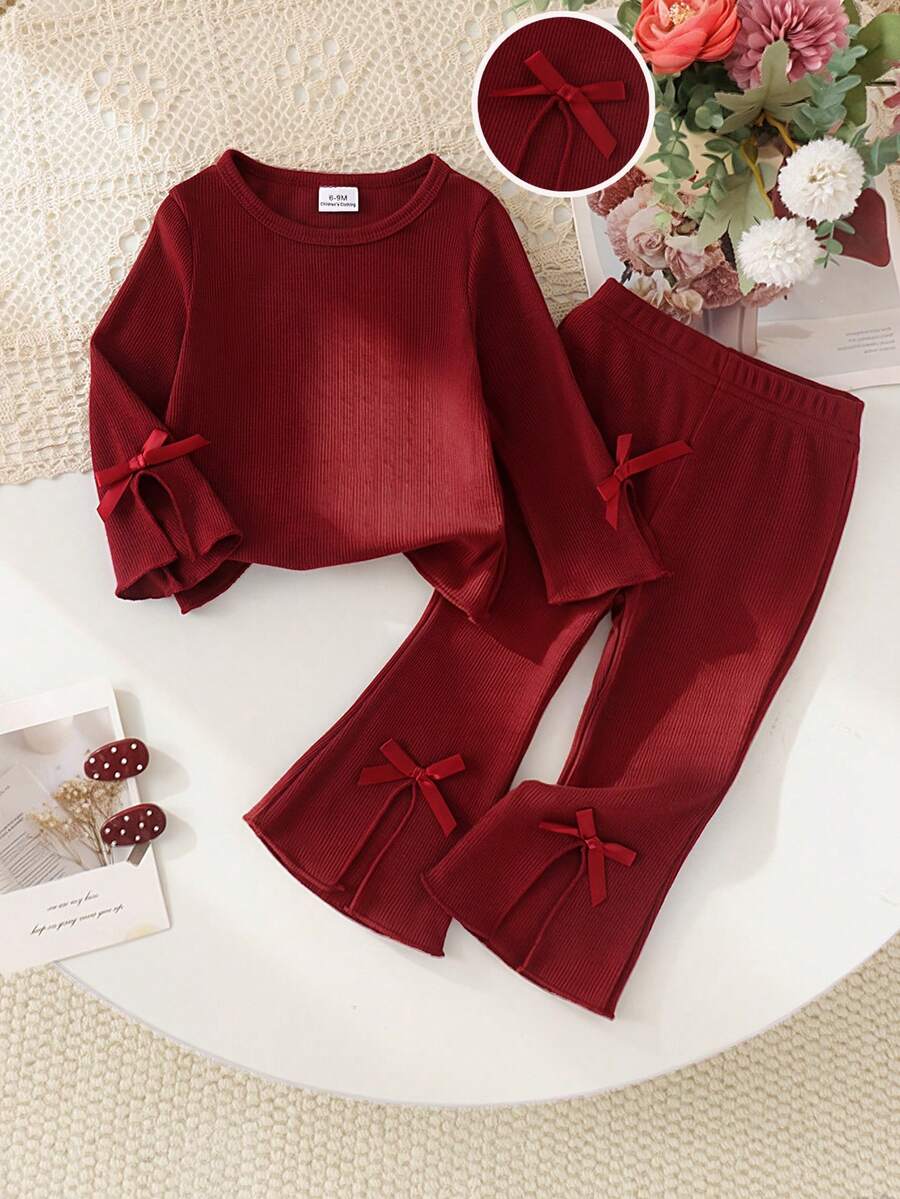 2pcs Baby Girls' Casual Comfortable 3D Bow Decor Round Neck Long Sleeve Top And Matching Flared Pants Set, Spring/Autumn - Redwood - View 1