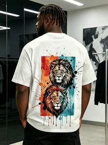 Men's Plus Size Double Lion Colorful Ink Art Print T-Shirt - Multicolor - View 3
