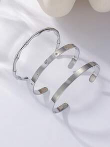 Minimalist Polished 8-Point Star Rhinestone Open Cuff Bracelet Set, Silver 304 Stainless Steel Hypoallergenic Skin-Friendly, Multi-Layer Stackable Niche Thin Bangle Set - CC-s - View 1