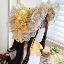 LOLITA 田園風多色可愛花卉蕾絲蝴蝶結平頂草帽，Lolita髮飾，春夏秋冬四季森系Lolita髮飾，編織防曬裝飾帽，優雅蕾絲服裝搭配頭飾 - A - 查看 3