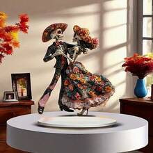 2D Flat Vintage Floral Dancing Skeleton Couple Desktop Decor, Day Of The Dead, Christmas, Holiday Atmosphere Desktop Ornament - A - View 2