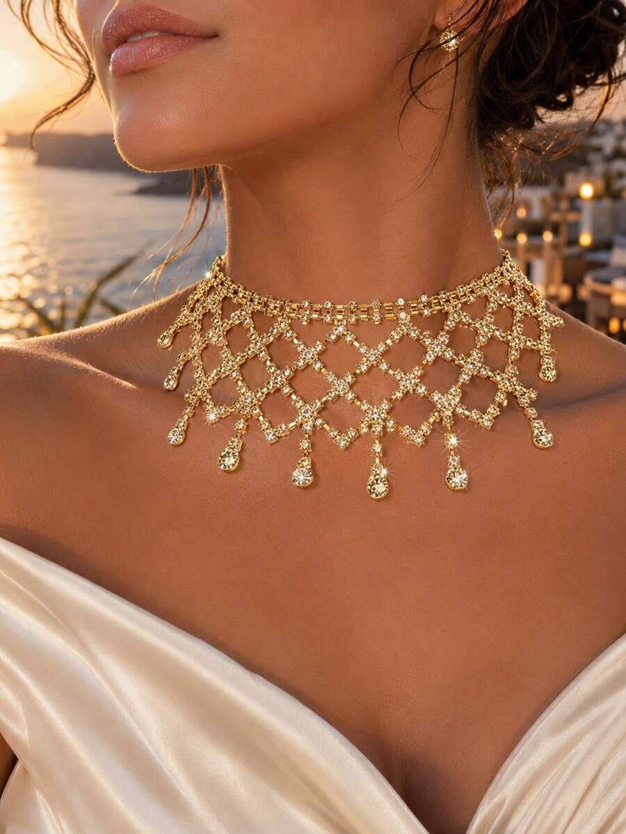 1PC Glamorous Sparkling Rhinestone Necklace, Bridal Wedding Banquet Dress Women's Fashion Jewelry Accessory - Gold - View 1