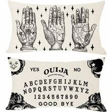 2PCS Retro Palm Reading Ouija Board Lumbar Pillow Cover, Vintage Mystical Palm Divination Zodiac Ouija Letter Cushion Cover, Gothic Witchcraft Halloween Sofa Home Decoration, Single-Sided, Pillow Insert Not Included - Black and White - View 8