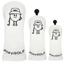 Minimalist Cartoon Character Golf Club Headcover, Fun Line Embroidery, Thick Padded, Fits Universal 1/3/5 Wood, Fresh Versatile Unisex Golf Protective Cover, Summer Workout Accessory - White - View 1