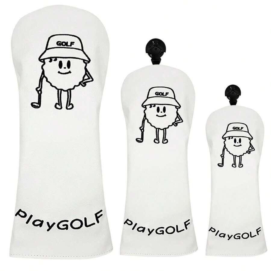 Minimalist Cartoon Character Golf Club Headcover, Fun Line Embroidery, Thick Padded, Fits Universal 1/3/5 Wood, Fresh Versatile Unisex Golf Protective Cover, Summer Workout Accessory - White - View 1