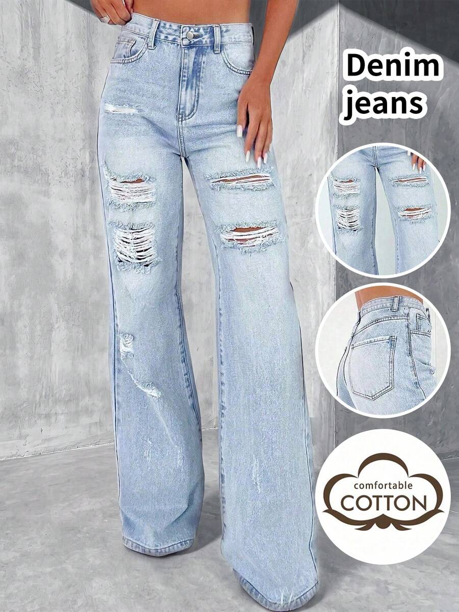 Elegant Fashionable Personalized Street Style Distressed Button Long Pants Fall