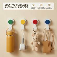 KOEMO 4 Hooks, Vacuum Suction Cup Hooks, Strong Traceless Hooks, No‑Drilling Design, Reusable And Detachable, Stable Load‑Bearing And Not Easy To Fall Off. Multifunctional Storage And Decorative Hooks, Suitable For Smooth Walls In Bathrooms And Bedrooms. - Yellow/Green/Red/Blue (4 Color Hooks) + Air Pump *1 - View 4