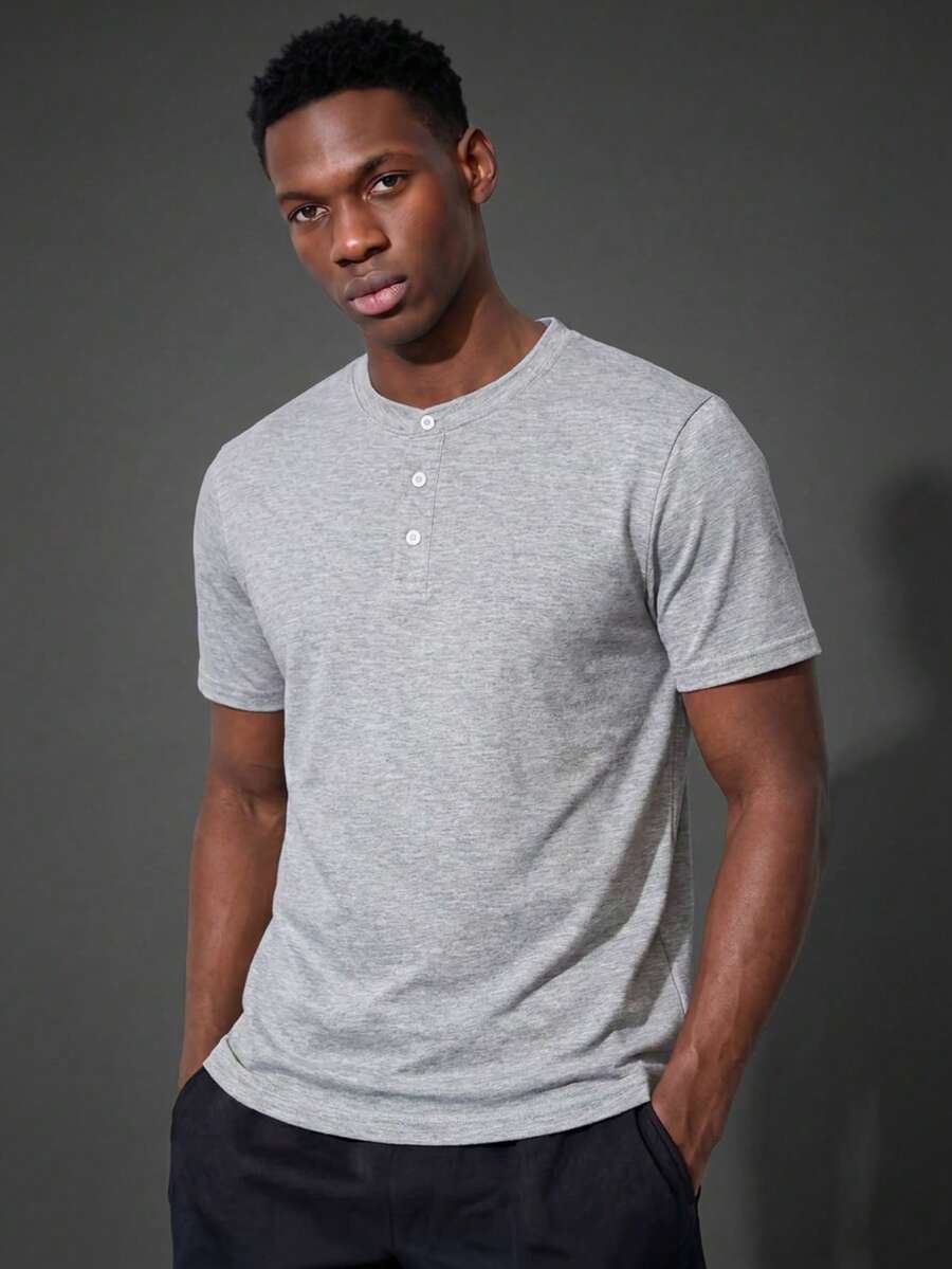 Camvyn Men's Summer Casual Fashion Henley Neck Slim Fit Short Sleeve T-Shirt - Grey - View 1
