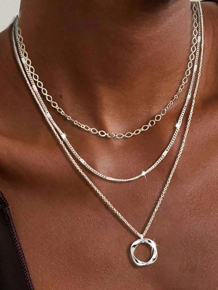 Stainless Steel 3-Layer Design Necklace, Fashionable Round Pendant Design, Suitable For Party, Vacation And Teenager Daily Wear - Multicolor - View 1