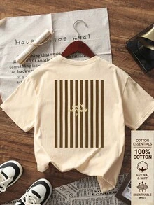 女款夏季杏色純棉新款極簡藍色條紋插圖印花休閒圓領短袖T恤，百搭上衣度假風 - 阿桑 - 查看 3