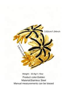 VceTd 1pc Vintage Floral Design Enamel Stainless Steel Open Bangle Bracelet For Women, Suitable For Daily Commute, Vacation, Dating, Holiday Gift For Friends - Yellow Gold - View 12