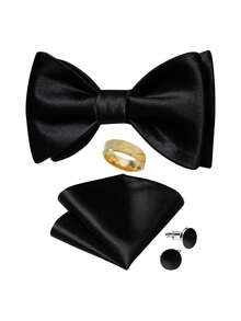 Set Aksesori Pesta Malam Lengkap: Dasi Kupu-kupu Hitam, Sapu Tangan, Manset, Cincin, Set Dekorasi Jas Lengkap - Hitam - View 1