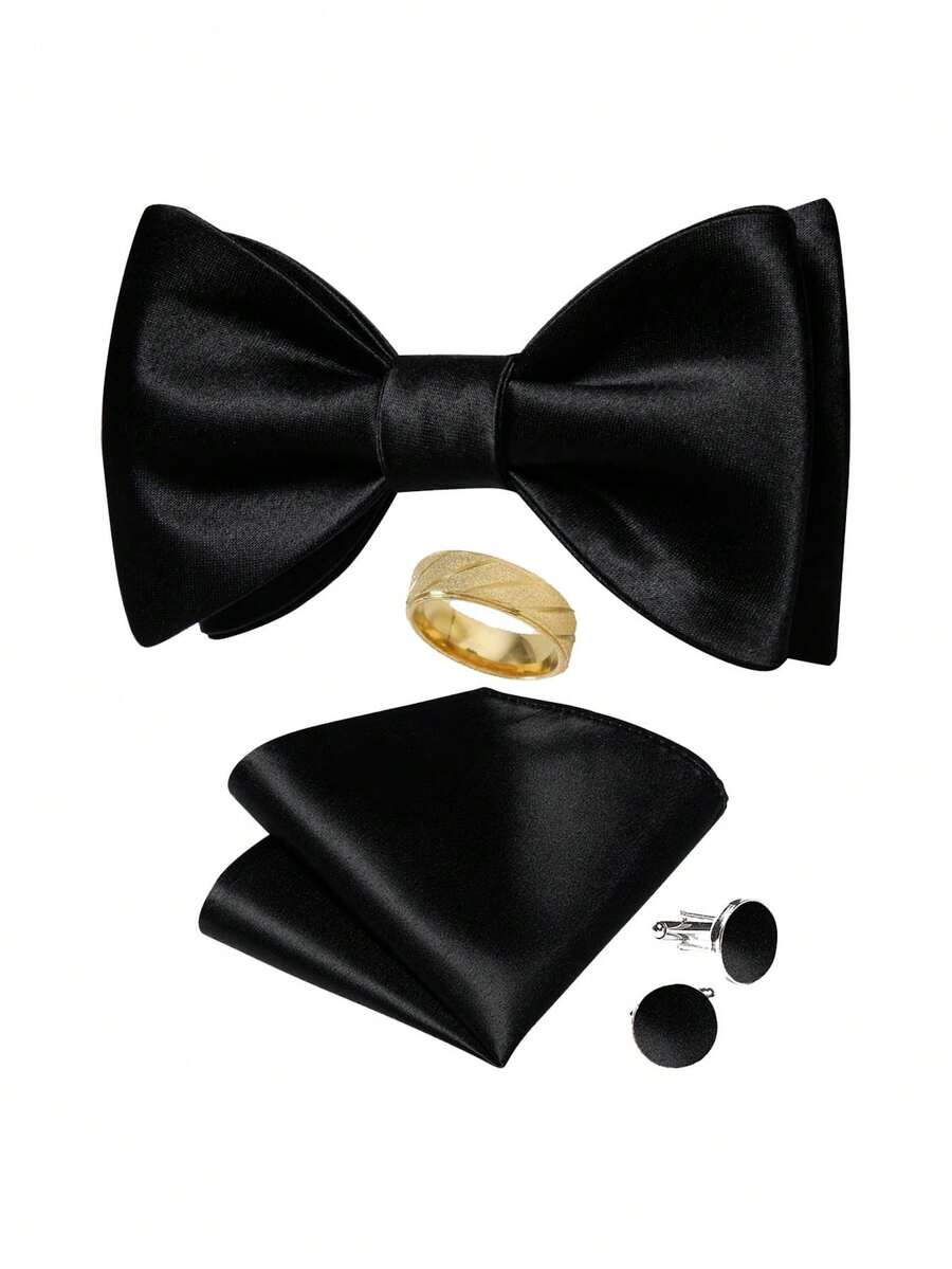 Set Aksesori Pesta Malam Lengkap: Dasi Kupu-kupu Hitam, Sapu Tangan, Manset, Cincin, Set Dekorasi Jas Lengkap - Hitam - View 1