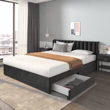 Bed Frame Velvet 180x200 Cm With Drawers, Black - 黑色 - 查看 1