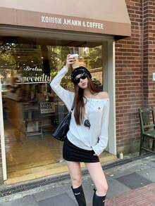 Women's Spring/Autumn American Style Open Shoulder Short Sleeve Knit T-Shirt With Embroidery Detail, Elegant Top White - White - View 5