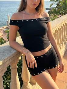 Women Summer Matching Set Off The Shoulder Studded Short Sleeve Top And Low Rise Micro Shorts 2 Piece Lounge Set - 黑色 - 查看 2