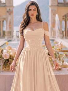 Đầm dạ hội maxi voan chiffon đính sequin ren hoa, trễ vai, gấu nhún, đầm phù dâu, váy dạ hội cưới mùa thu trang trọng - Rượu sâm banh - Xem 8
