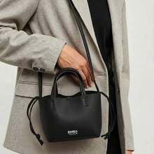 Solid Color Medium-Soft PVC Shoulder Bag For Women With Drawstring Closure, Integrated Cell Phone And ID Pocket, Minimalist City Bag For Commuting, Campus And Workplace, Available In Many Colors - Black - View 3