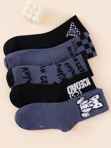 1/5 Pairs Women's Round Neck Socks, Vintage Graffiti Cartoon Plush Bear & Letter Print Socks, Soft & Comfortable Y2K Street Style Socks, All-Season Daily Commute Socks - Multicolor - View 4