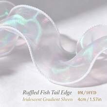 50yd/40yd/10yd 4cm Wide Iridescent Gradient Fish Tail Tulle Ribbon, Flowing Ruffle Wave Edge Chiffon Ribbon, Easy To Cut And Shape DIY Hair Accessories Bows Cake Trim Bouquet Gift Wrapping Wedding Birthday Party Decoration Supplies - White - View 6