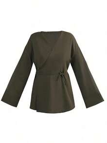 Women's Autumn New Minimalist Long Sleeve Tie-Front Jacket, Plus Size Solid Color Thin Shirt Suitable For All Seasons Brown - Brown - View 2