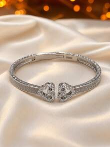 1pc Women's Fashion Hollow Heart Open Cuff Bracelet, Exquisite Zirconia Inlaid Textured Bracelet, Versatile Daily Commute High-End Accessory - Bracelet - View 9
