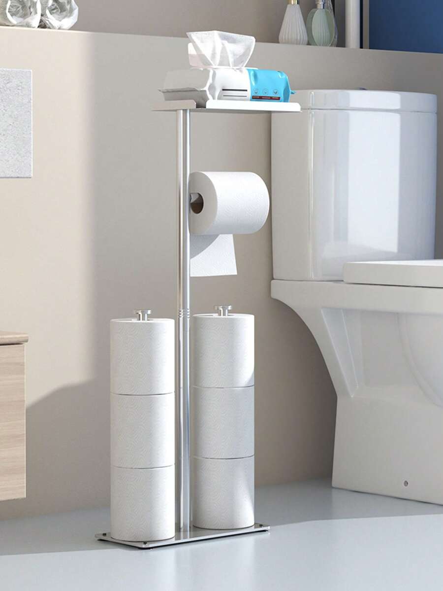 Floor Standing Toilet Paper Storage Rack,Freestanding Tissue Holder With Flat Top Shelf For Wet Wipes,Capacity Bathroom Organizer For Modern Restroom Separated Storage Zones Classify Daily Tissue And Spare Rolls Neatly,Simple Assembly Without Wall Mo - Multicolor - View 1
