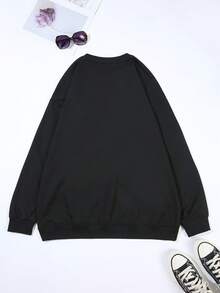 Sudadera Casual con Estampado Gráfico y Cuello Redondo para Mujer, Tallas Grandes, Ropa para Otoño y Primavera, Uso Diario Casual, Manga Corta - Negro - Ver 2