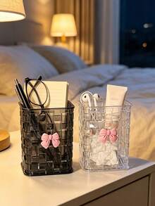 1pc Luxury Woven Texture Transparent Storage Box, Multi-Functional Stationery And Cosmetic Organizer, Decorated With Cute Bow, Space-Saving And Tidy - Pen Holder - View 4