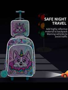 BLING BABIES 3PCS Teens Wheeled Travel Bag, Double-Sided Green Cartoon Puppy Sequins Design Bookbag For Students, With Handbag And Pen Bag Nighttime Reflective - Green - View 7