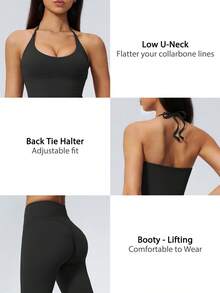 NcmRyu Women's One Set Solid Color Halter Tie U-Neck Backless Cropped Tank Top High Waist Ankle Pants Sports Outfit - Black - View 4