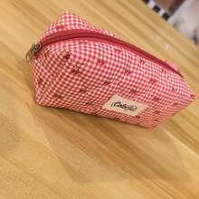 Style Cherry & Plaid Quilted Pencil Case, Soft Cotton Filled Stationery Bag, Student Portable Makeup Bag, Back To School Essential, Desktop Storage & Travel Makeup Bag - W - View 6