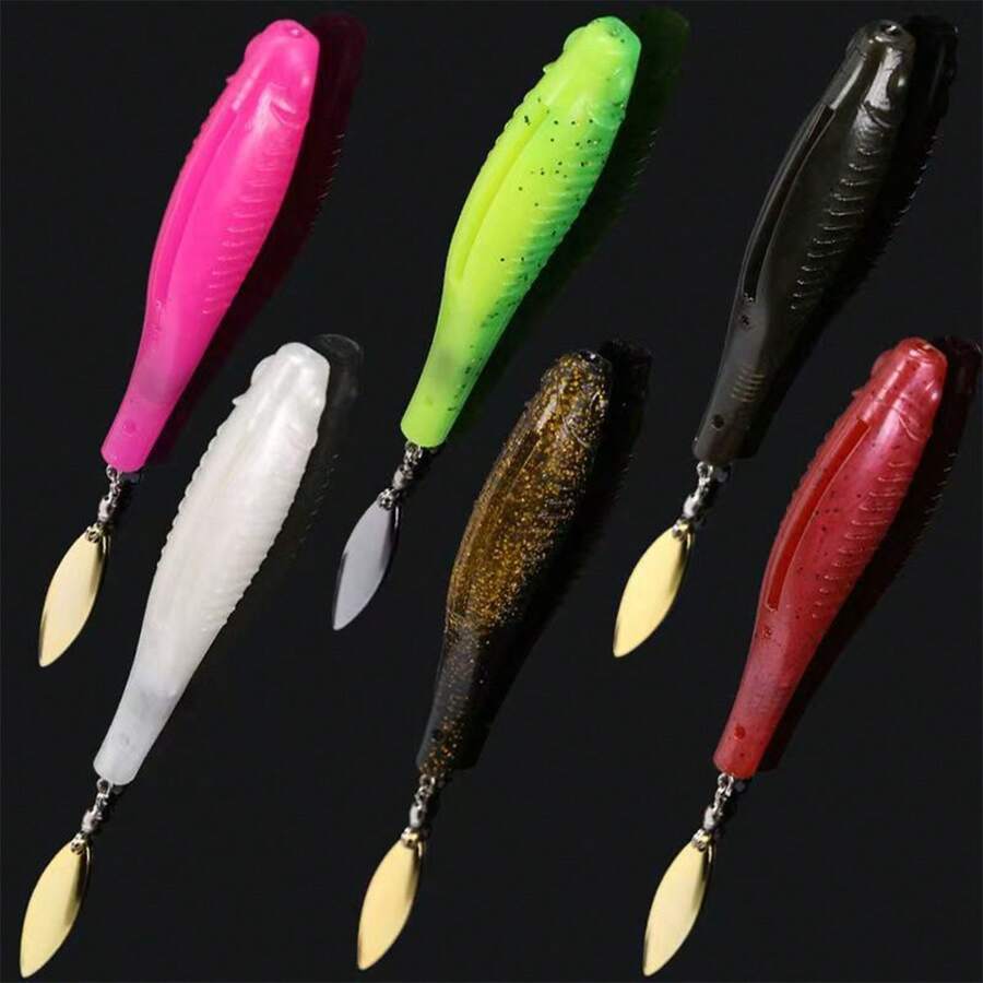 Spinner Blade Attached Soft Swimbaits, Ribbed Minnow Soft Lures With Rotating Metal Sequins, Glitter Multicolor Artificial Fishing Baits For Bass Pike Freshwater Saltwater Angling Tackle - Multicolor - View 1
