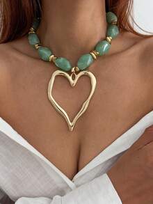 1pc Bohemian Style Geometric Exaggerated Asymmetric Color-Block Resin Faux Pearl Beaded Metal Large Heart Pendant Charm Jewelry Necklace, Elegant Luxury, Wedding Banquet, Vacation Party, Daily Casual, Street Photography, Women Couple Holiday Birthday Versatile Necklace Gift - Necklace - View 4