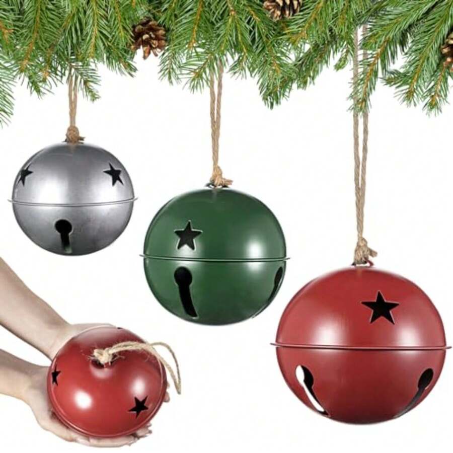 Tandefio Giant Christmas Vintage Bells Christmas Tree Ornaments Set of 5.5" 4.7" 4" H Decorative Bells with Jute Hanging Rope for Christmas Door Knob Home Garden Decor DIY Craft Silver, Red, Green - Plata rojo verde - Ver 1