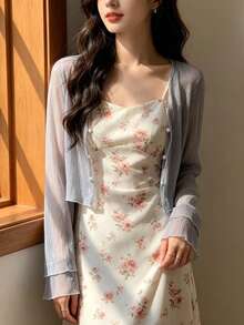 1 Peça Cardigan Transparente Fino de Verão para Mulheres, Xale para Camisete, Top de Proteção Solar de Manga Longa para Praia - Multicolorido - Visão 9