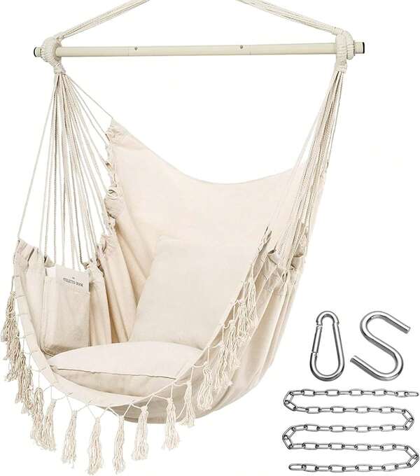 Y- Stop - Silla Hamaca Colgante de Cuerda para Colgar,áximo 500 Libras, 2 Cojines incluidos, Silla Colgante de macramé con Bolsillo, Tela de algodón para una Comodidad Superior, Durabilidad OJBO