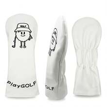 Minimalist Cartoon Character Golf Club Headcover, Fun Line Embroidery, Thick Padded, Fits Universal 1/3/5 Wood, Fresh Versatile Unisex Golf Protective Cover, Summer Workout Accessory - White - View 3