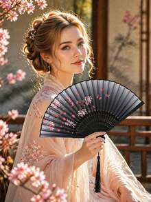 1件復古風竹製摺扇，櫻花圖案，漸層黑至紫色，流蘇裝飾，便攜女士摺扇，裝飾禮品，適合返校季、節日派對 - 多款 - 查看 7