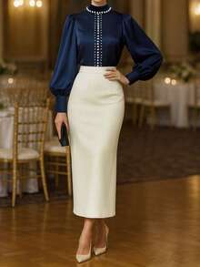 Setelan 2 Potong Wanita Elegan Musim Semi/Gugur, Atasan Lengan Panjang Warna Polos & Rok Warna Polos, Modis dan Romantis - Royal Blue - View 5